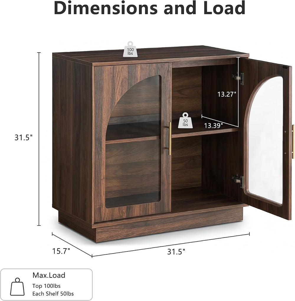 FORTUNETEC 31.5" Sideboard Buffet Cabinet with Arched Glass Doors