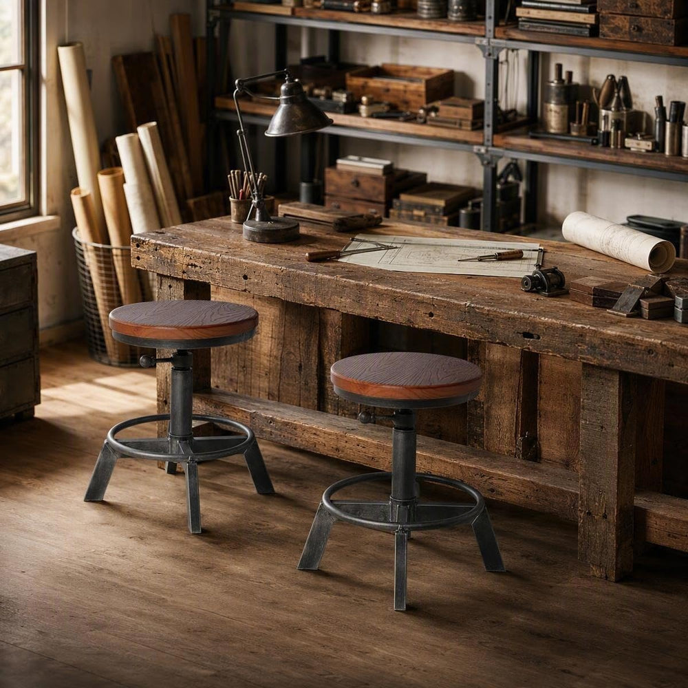 Set of 2-Industrial Bar Stool-Counter Height Chairs- Swivel Wooden Seat- Adju...