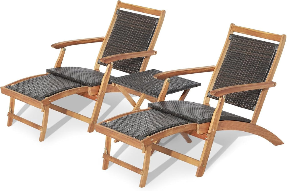 RELAX4LIFE Patio Chaise Lounge Chair Set of 3, Acacia Wood Folding Rattan Wic...