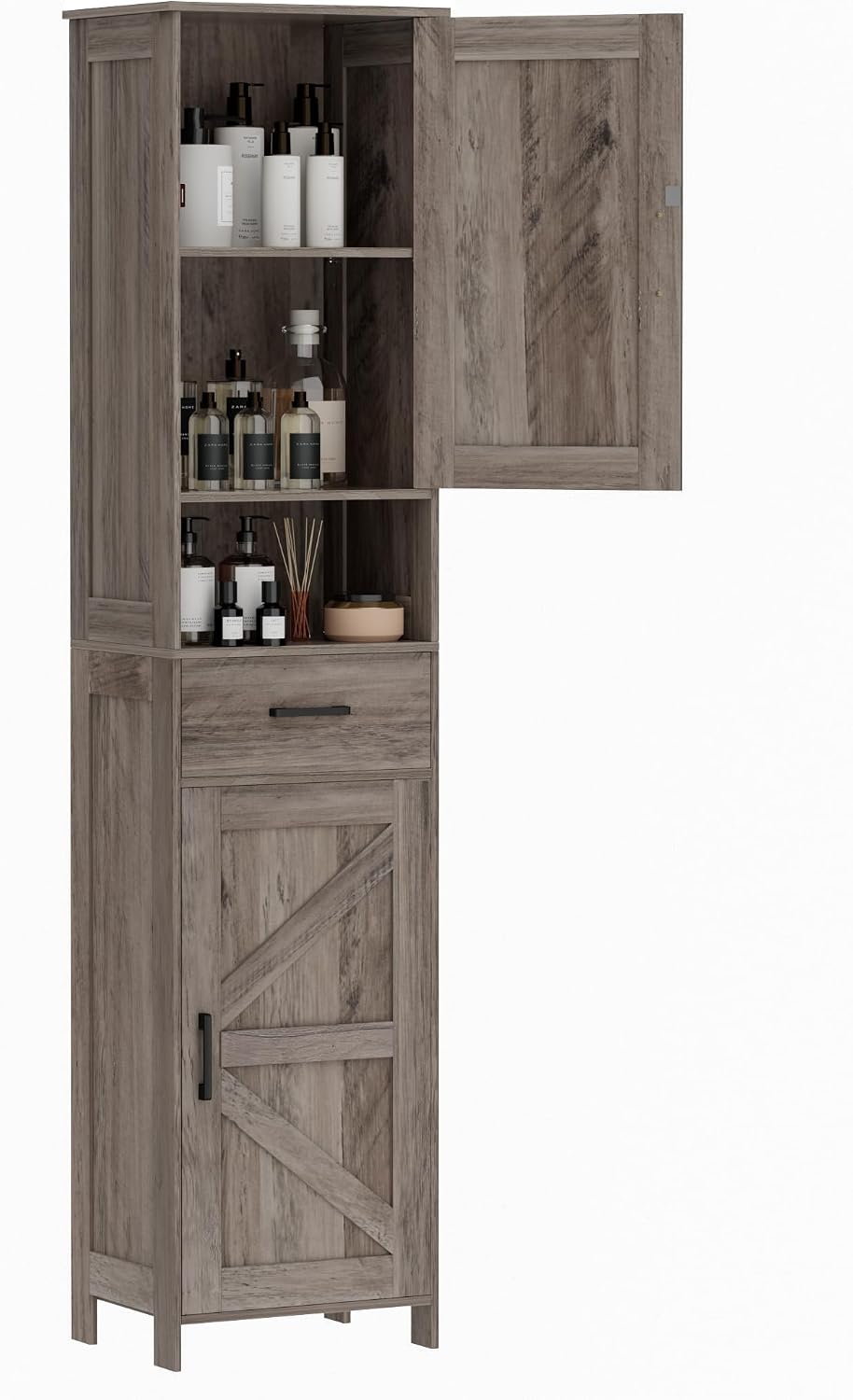 Homhedy 67" H Tall Bathroom Storage Cabinet with Barn Doors and Drawer