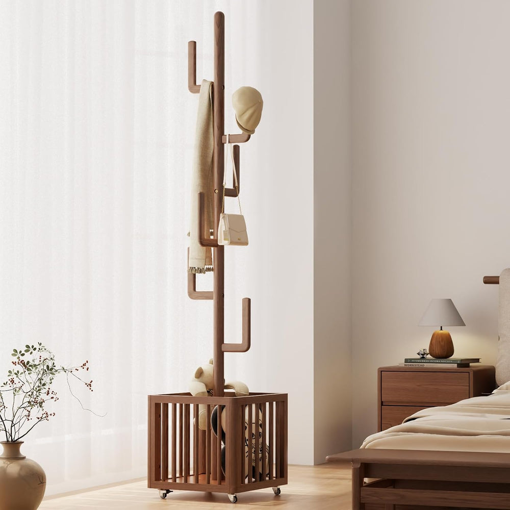 Solid Wood Cactus Coat Rack with 6 Hooks and Storage Basket, Walnut