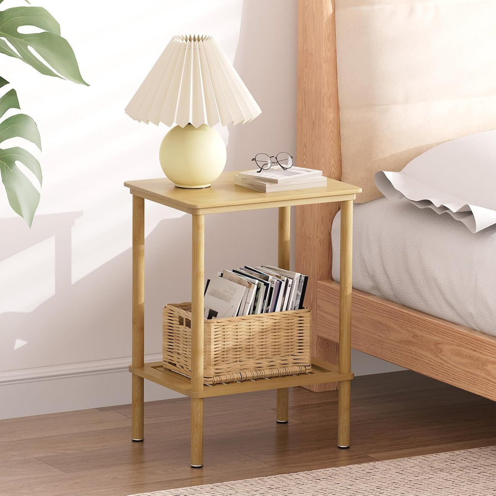 2 Tier Bamboo Narrow End Table, No Tool Assembly Bedroom Bedside Table, Small Space Nightstand, Bathroom Storage, Sofa Side Table, Entryway Table