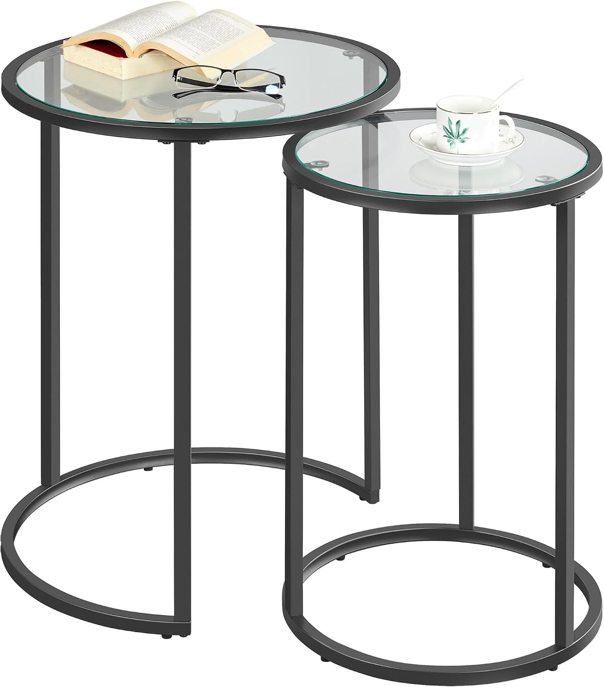 Yaheetech Round Nesting Side Tables Set of 2 with Tempered Glass Top, Black | Space-Saving for Small Living Rooms, Powder-Coated Metal Frame, Rounded-Edge Glass Top, Stack or Use Apart, Easy Assembly