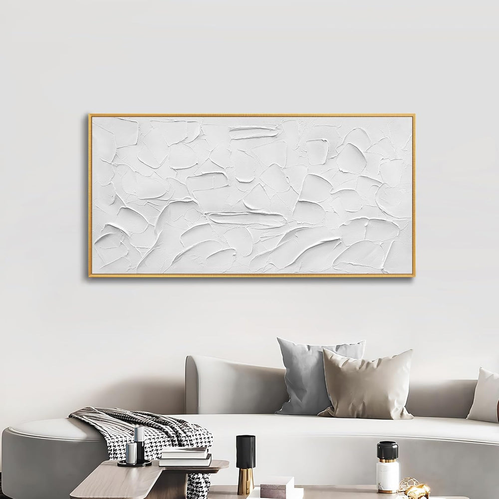 Abstract Large Hand-Painted White Textured Oil Painting Gold Frame Wall Art