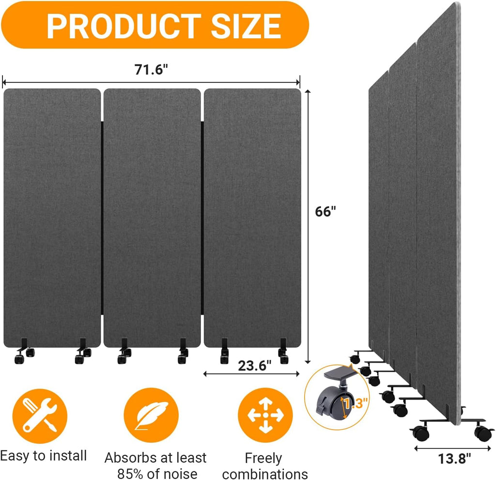 3 Panel Soundproof Room Divider, Portable Acoustic Office Divider