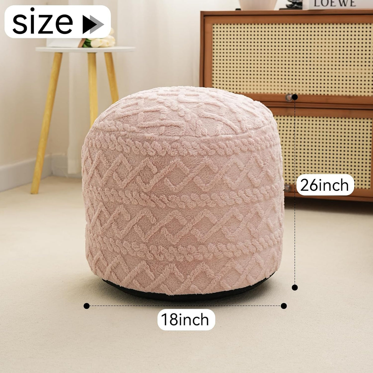 Round Stuffed Pouf Ottoman, Corduroy Poufs with Foam Chunk Filling, Furry and Fluffy Pouf Foot Stool Storage Pink 26"