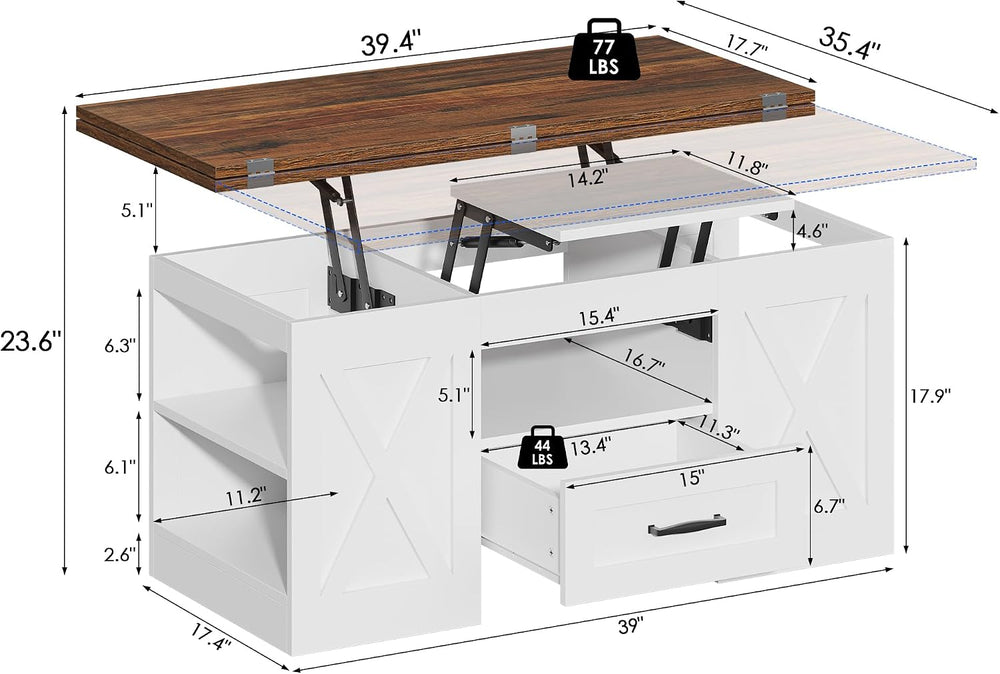 kepptory 40" Lift Top Coffee Table with Storage, Brown&White