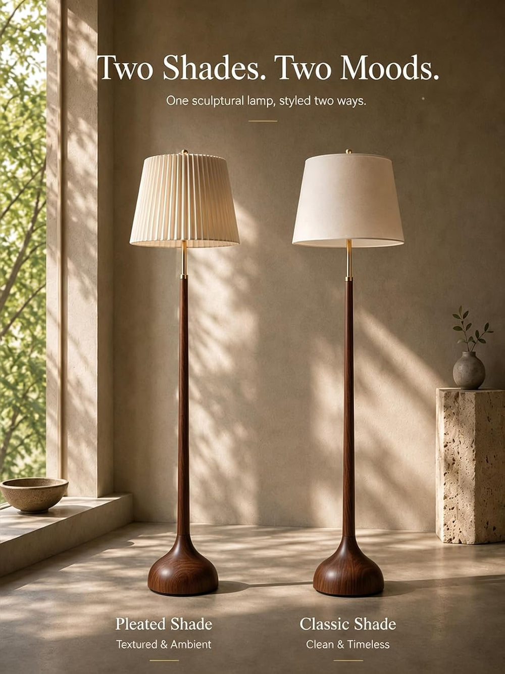 MOFFE Mid Century Modern Wood & Brushed Brass Floor Lamp with Remote