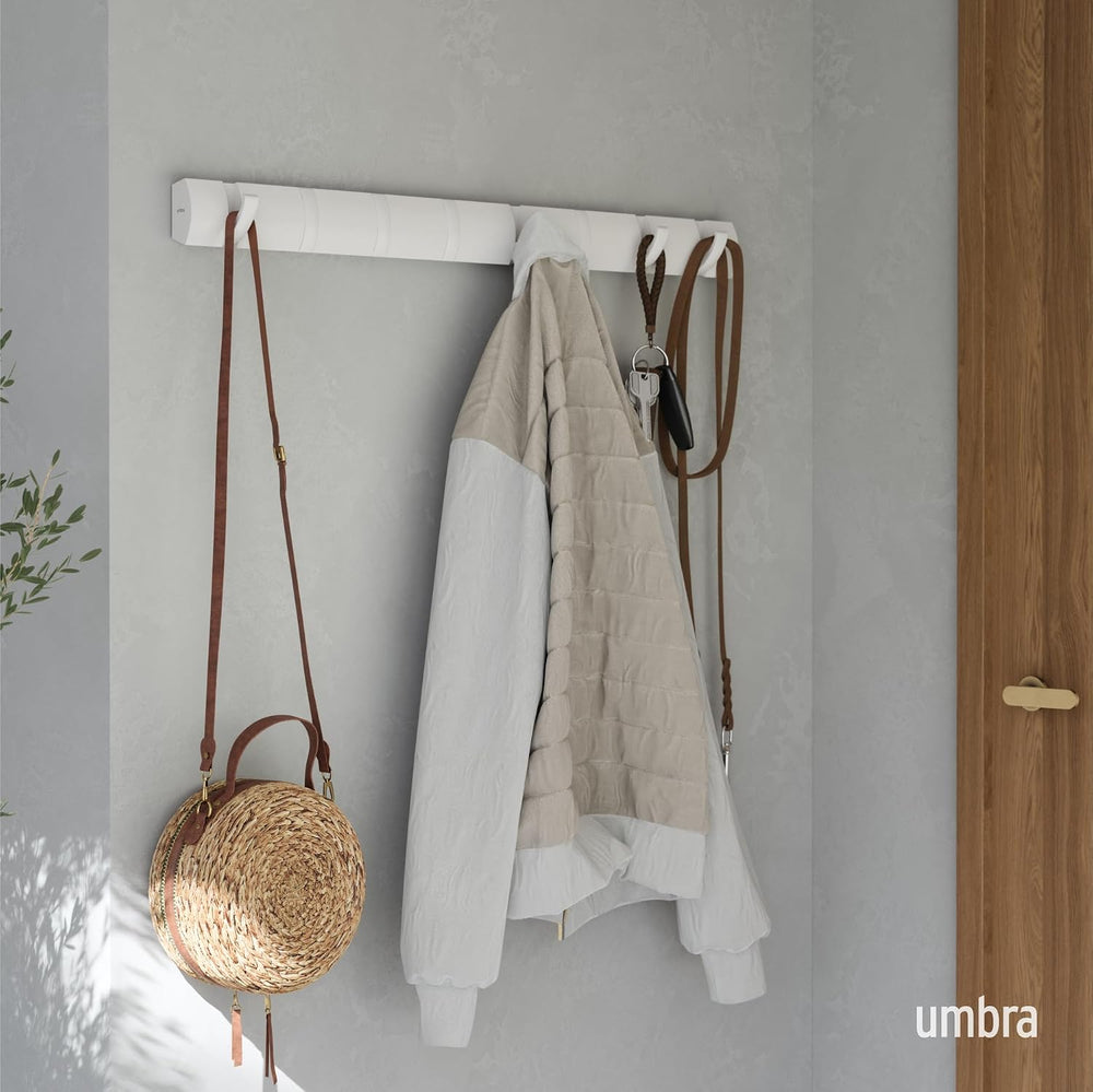 Umbra Flip Coat Rack, Wall Mount 8-Hook, Space Saving, White/Nickel