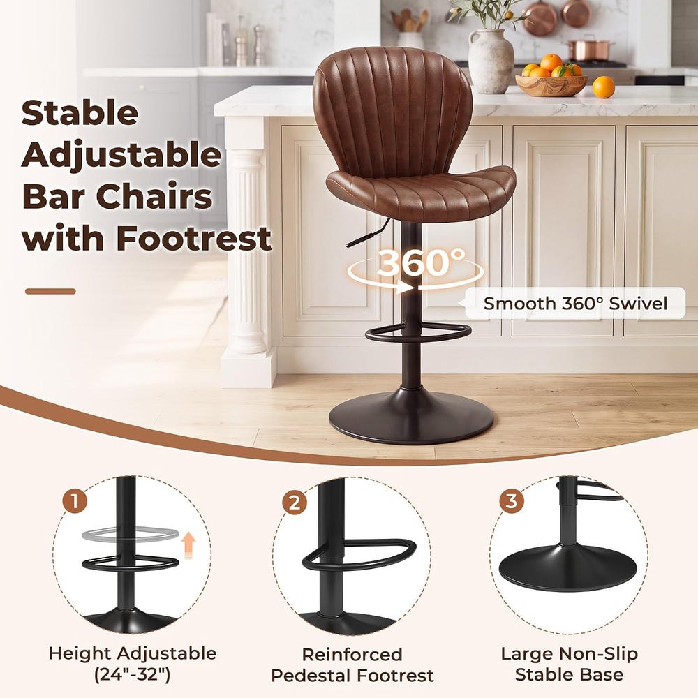 LIVELYGLOW Bar Stools Set of 2, PU Leather Chairs for Kitchen Red Brown