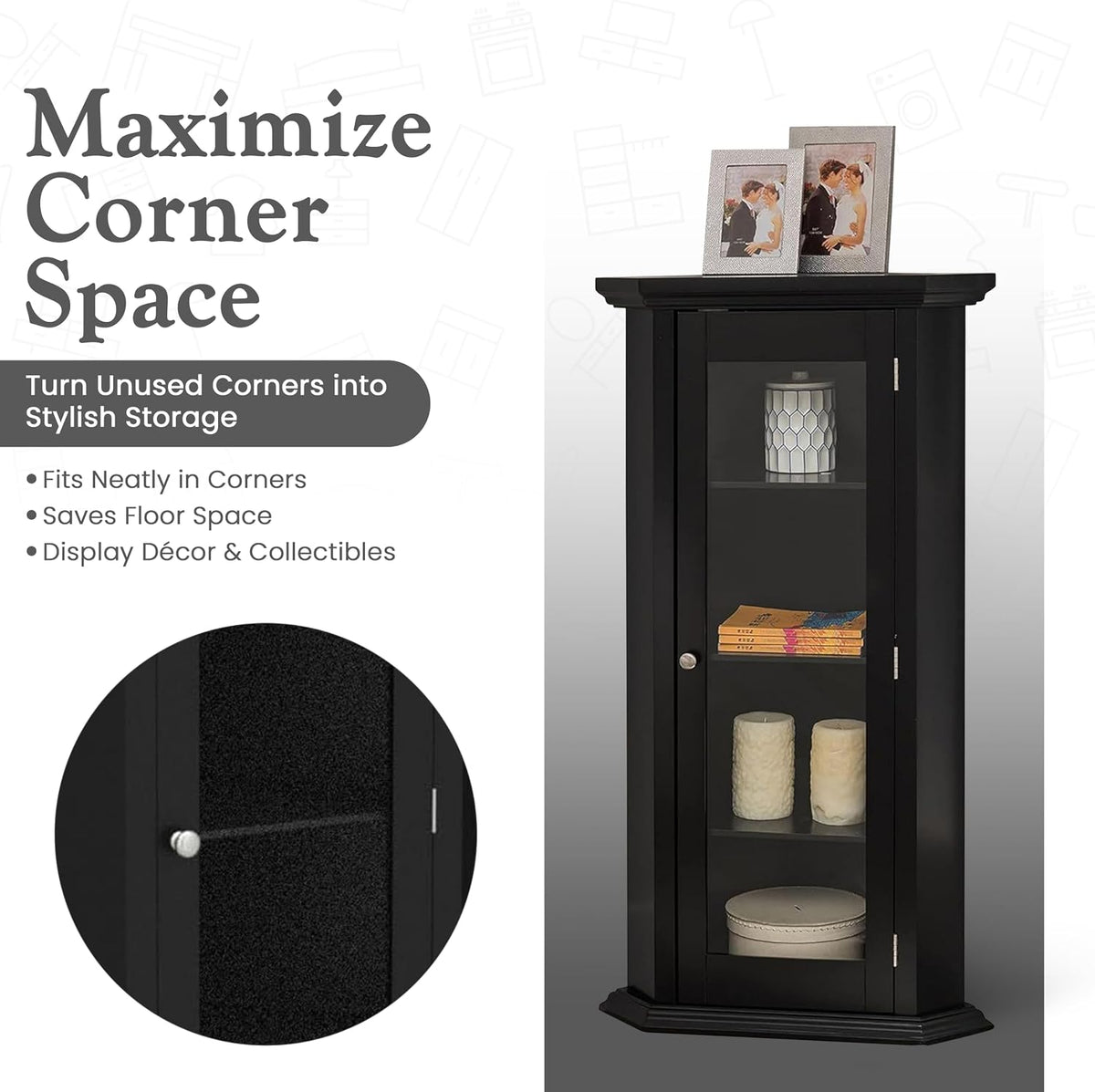 Kings Brand Corner Curio Display Cabinet w/Glass Door & Shelves, Black