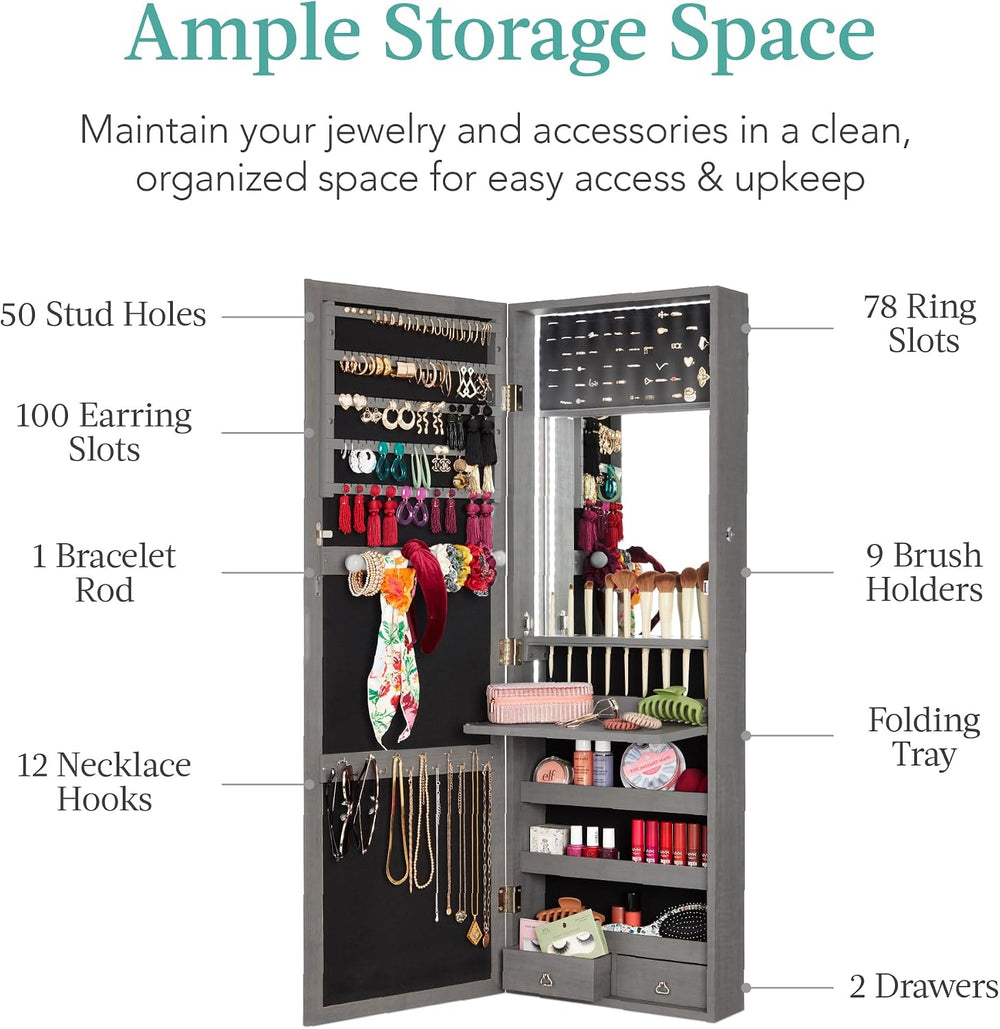 Best Choice Products LED Mirror Jewelry Cabinet, Tall Lockable Wall or Door M...