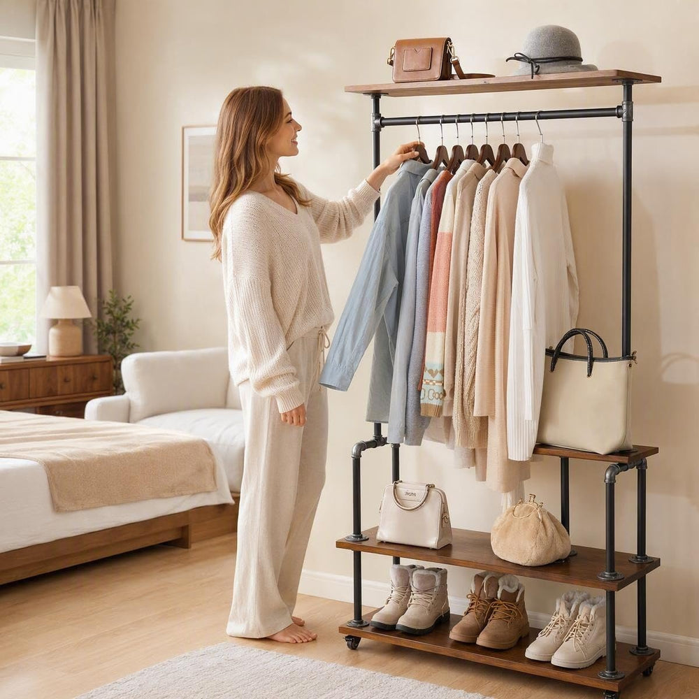 Industrial Pipe Clothing Rack, Rolling Clothes Rack, Wood Garment Rack