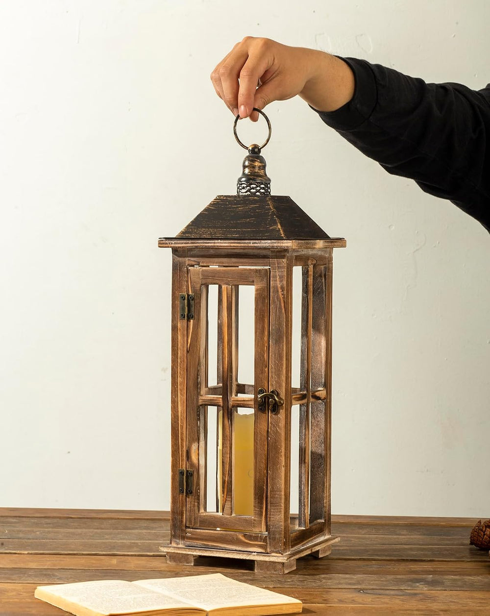 Large Farmhouse Wooden Decorative Lantern Set of 2, Rustic Distressed Brown B...