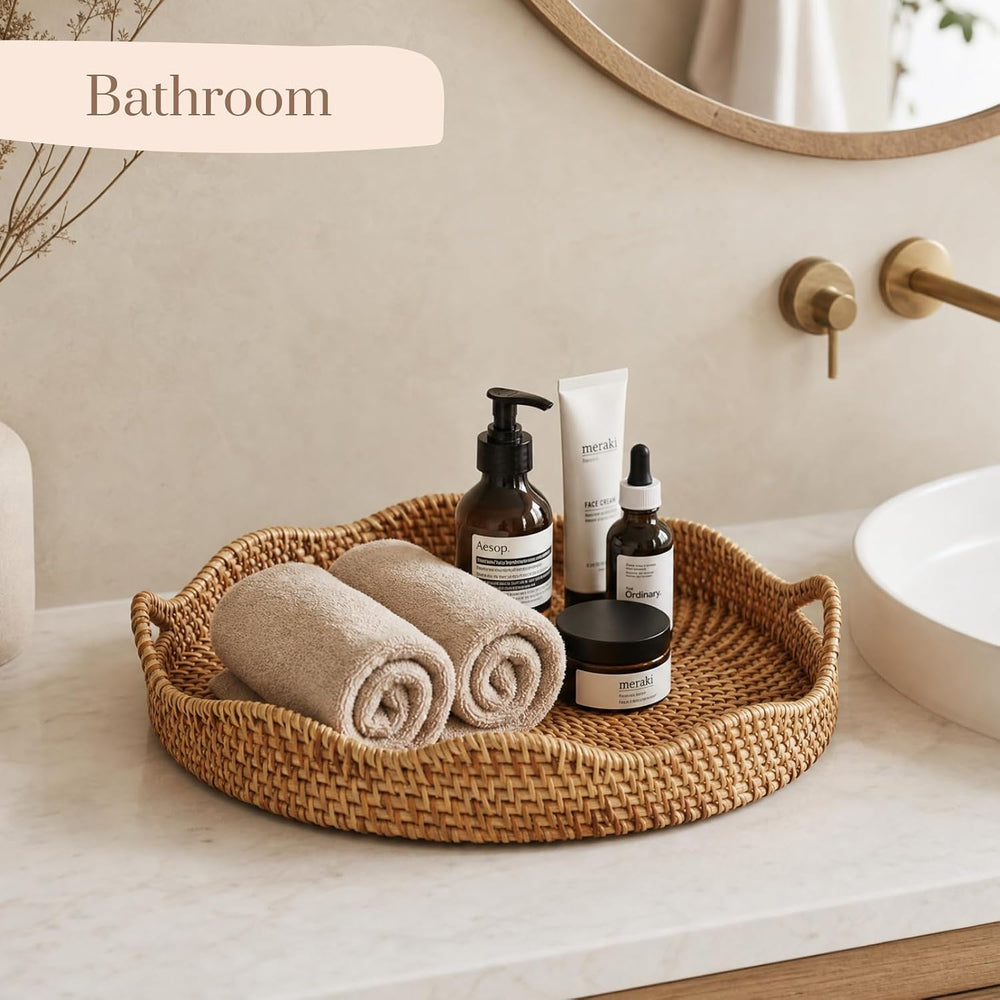 YANGQIHOME Round Scalloped Rattan Tray, Handwoven Decorative Tray