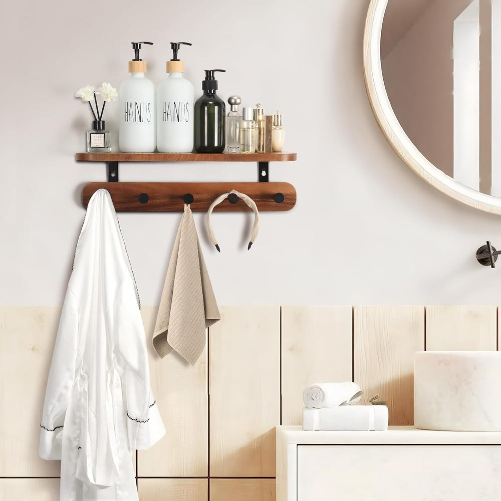 Coat Rack Wall Mount with Shelf, 17" Walnut Wood Wall Shelf with Hooks, ...