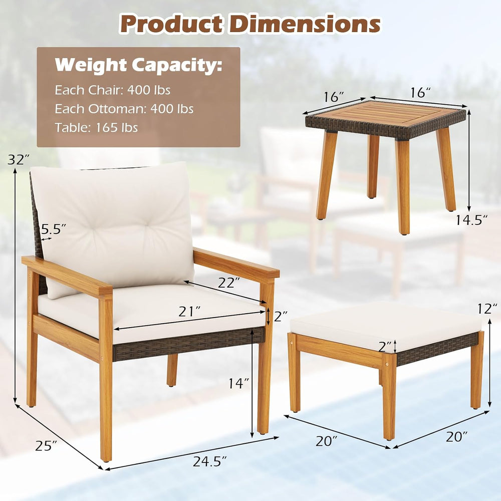 Tangkula 5 Piece Rattan Furniture Set, Wood Frame Chairs & Ottomans w/Squ...
