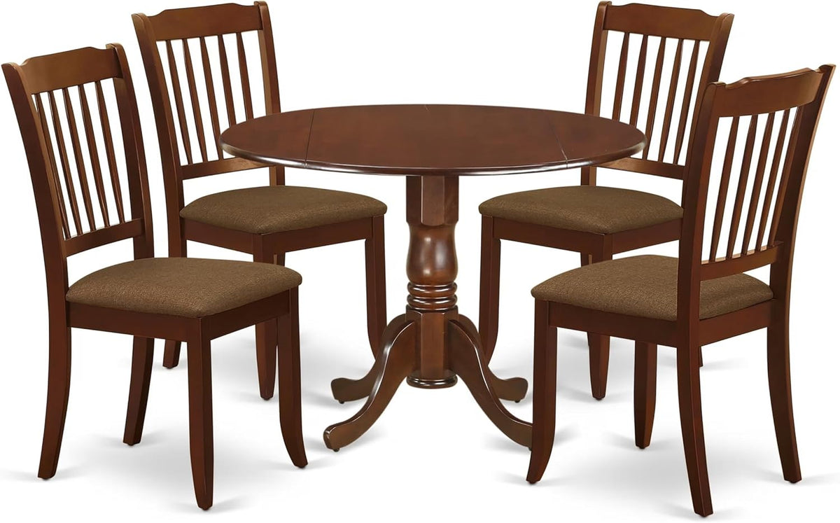 East West Furniture DLDA5-MAH-C 5 Piece Kitchen Table Set for 4 Includes a Round Dining Room Table with Dropleaf and 4 Linen Fabric Upholstered Dining Chairs, 42x42 Inch, Mahogany