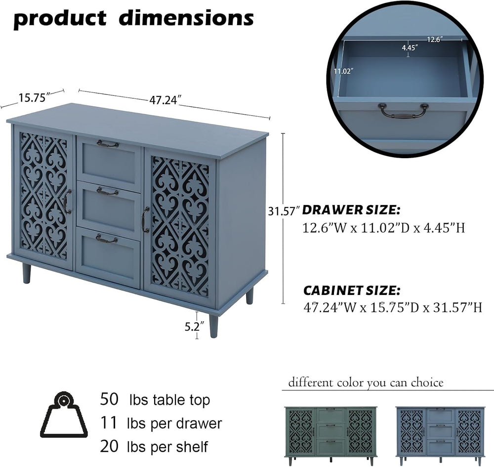 Sideboard Buffet Cabinet, Blue 2 Door 3 Drawer Storage Credenza