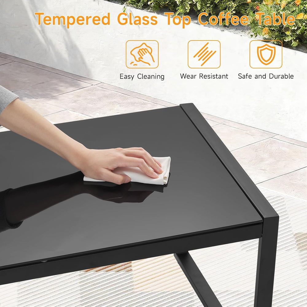 ONBRILL Rectangle Coffee Table with Tempered Glass Desktop, Black
