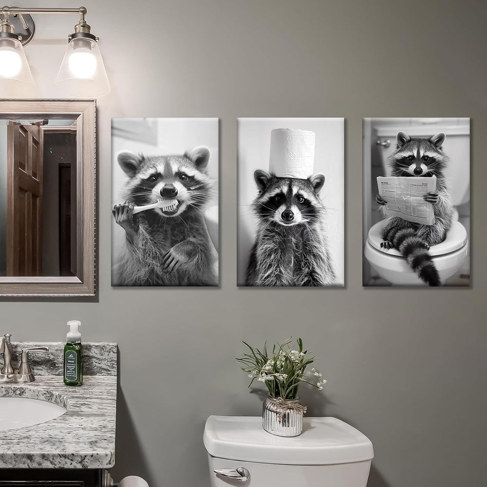 3Pcs Adorable Raccoon Bathroom Wall Art Black and White Animal Posters Prints...