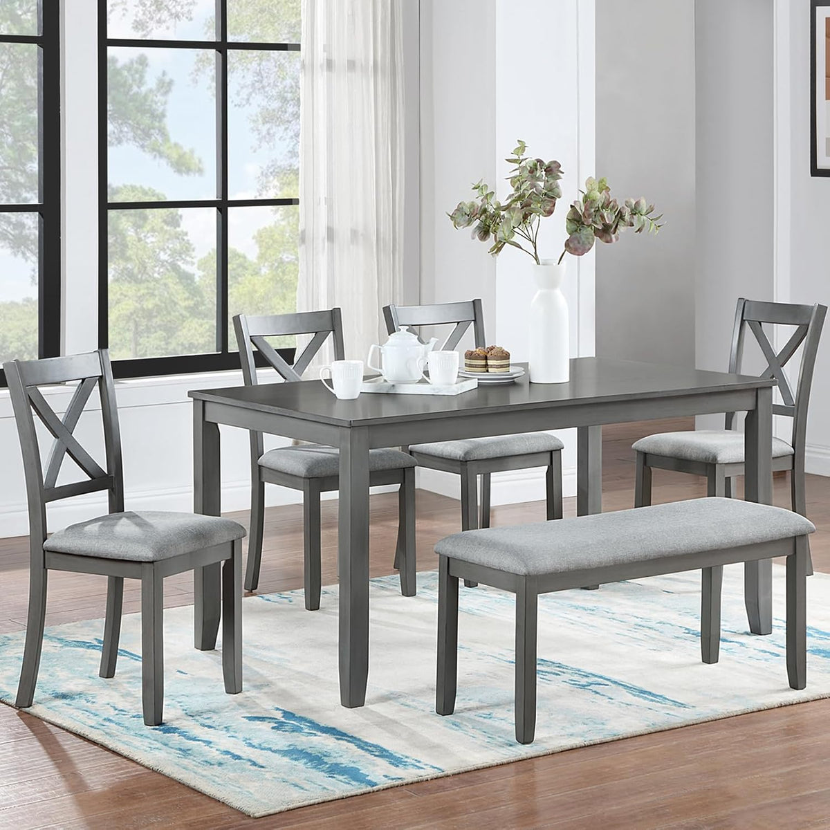 KEIKI 6-Piece Standard Height Dining Table Set with Rectangular Table, 4 Upholstered X-Shaped Backrset Chair, Bench, for 6 Person, Modern Style Table Set, Easy Assembly, for Kitchen, Dining Room, Gray