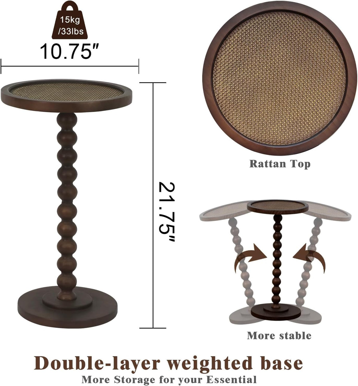 COVLON Solid Wood Drink Table, Small Pedestal Side Table for Small Spaces, Rattan Accent End Table Nightstand with Bread Leg for Living Room, Bedroom, Corners, and Office, Brown