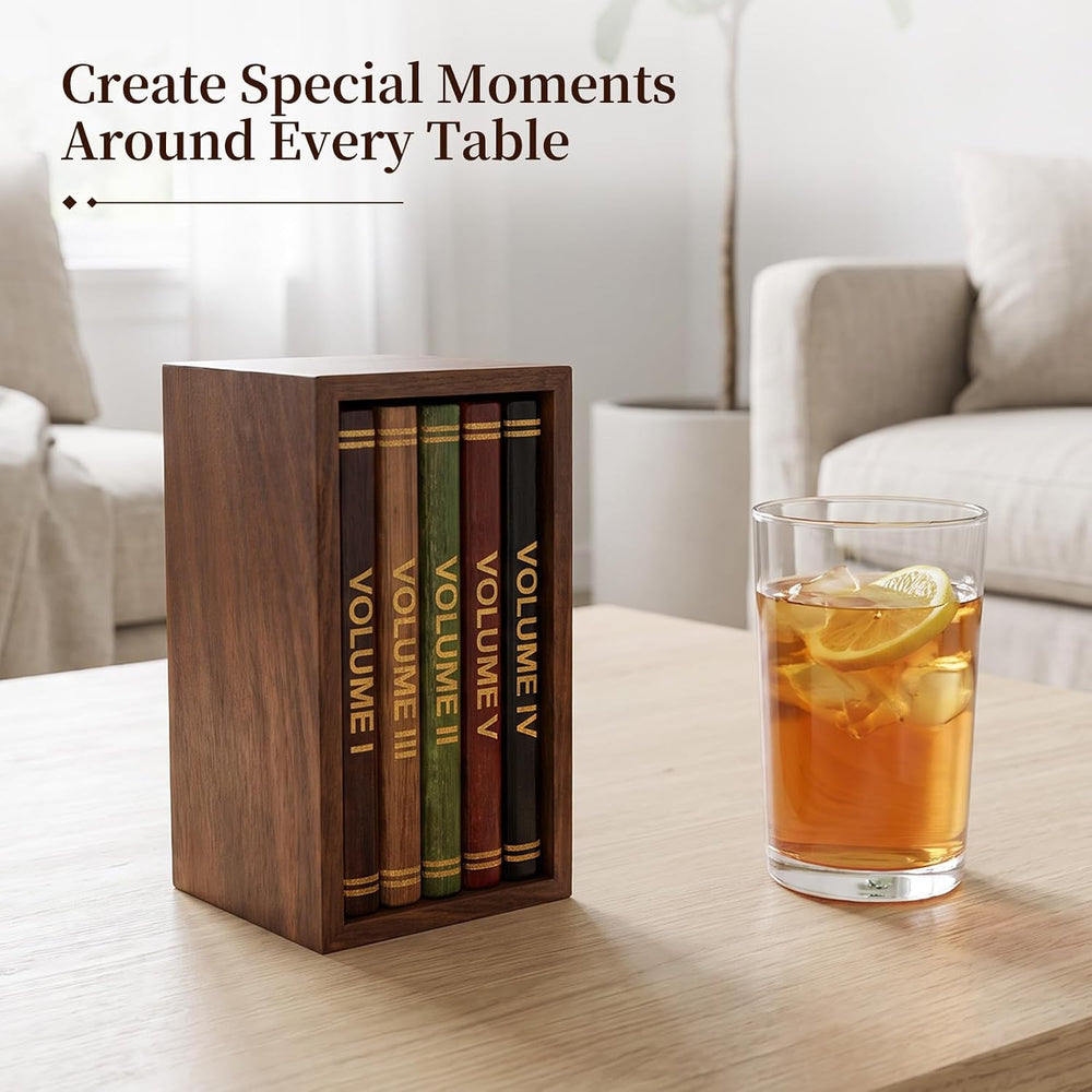 5 Pack Acacia Wood Drink Coasters with Holder for Coffee Table Decor