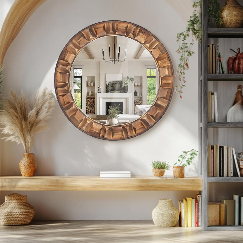 36 Inch Large Round Solid Wood Wall Mirror