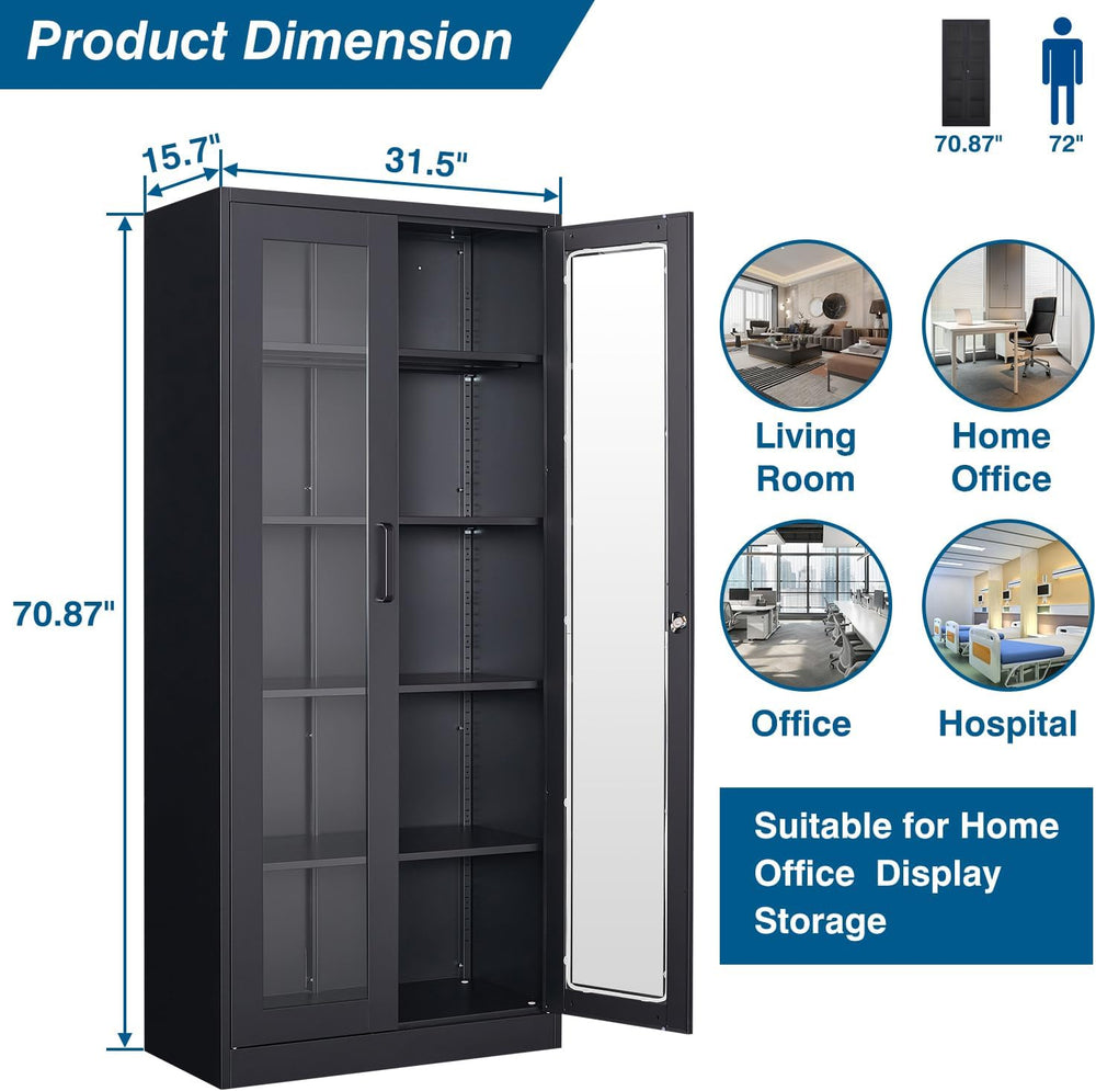 PEUKC Display Cabinet with Glass Doors, 71 Inches Metal Curio Storage Cabinet...