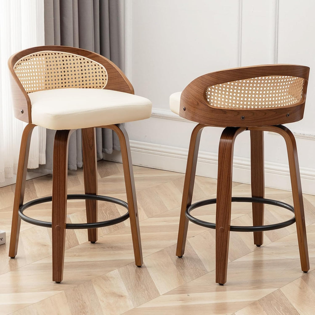 24.8" Swivel Rattan Bar Stools with Back Beige Counter Height Stools 2PCS
