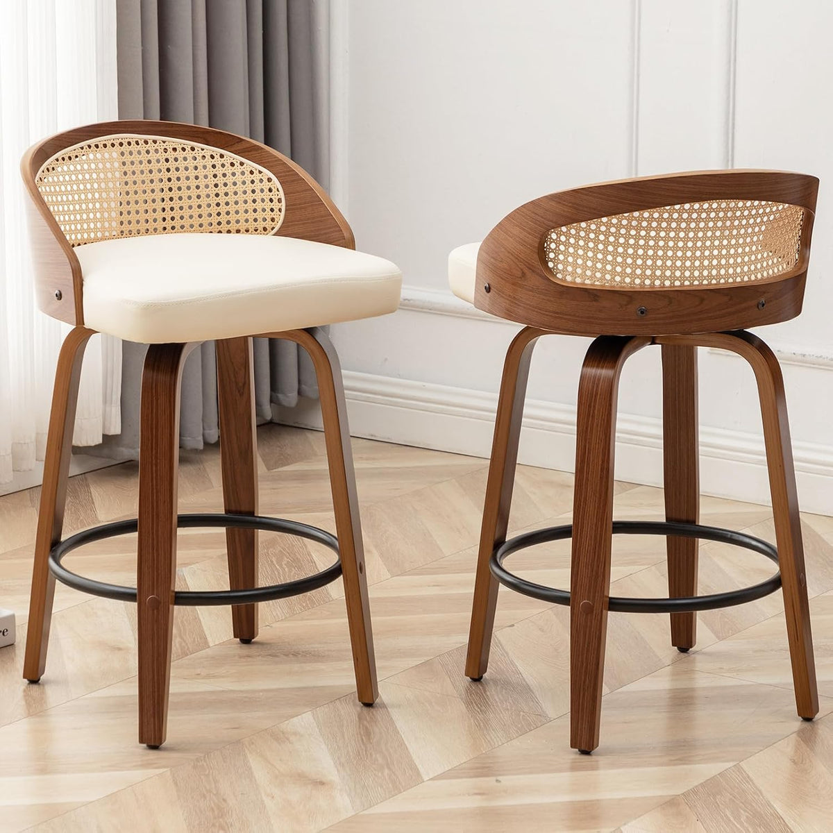 24.8" Swivel Rattan Bar Stools with Back Beige Counter Height Stools 2PCS