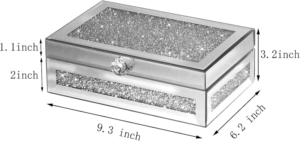 Mirrored Jewelry Box with Lid, Crushed Diamond Bling Jewelry Organizer for Women Girls, Ring Necklace Bracelet Storage Box, Gift Idea