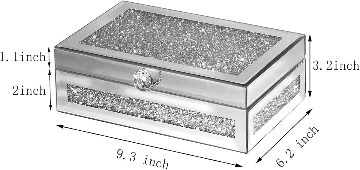 Mirrored Jewelry Box with Lid, Crushed Diamond Bling Jewelry Organizer for Women Girls, Ring Necklace Bracelet Storage Box, Gift Idea