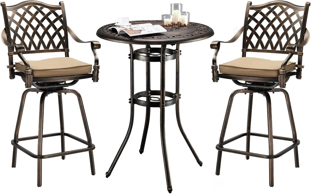 VINGLI 3 Piece Outdoor Patio Bar Set, Cast Aluminum Outdoor Swivel Bar Stools...