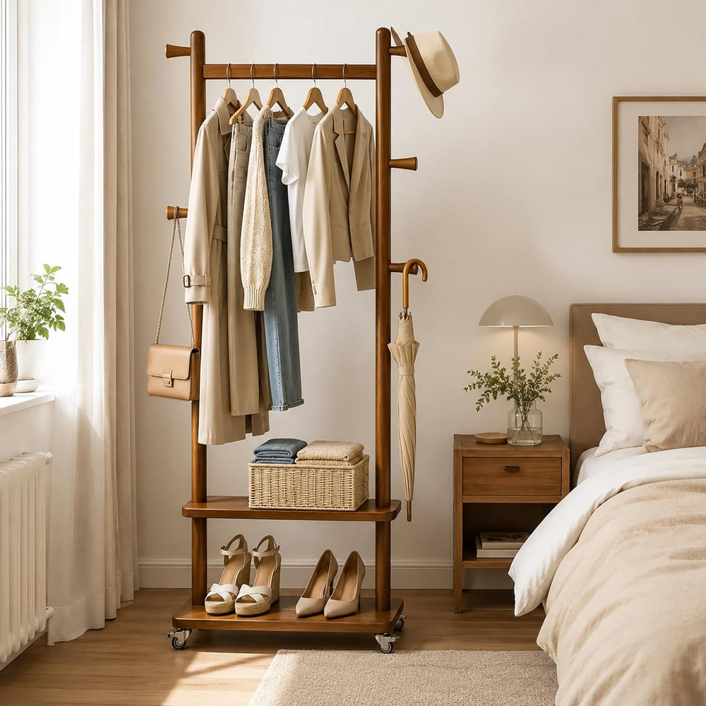 Taitiy Coat Rack Freestanding Solid Wood Clothes Rack with Wheels