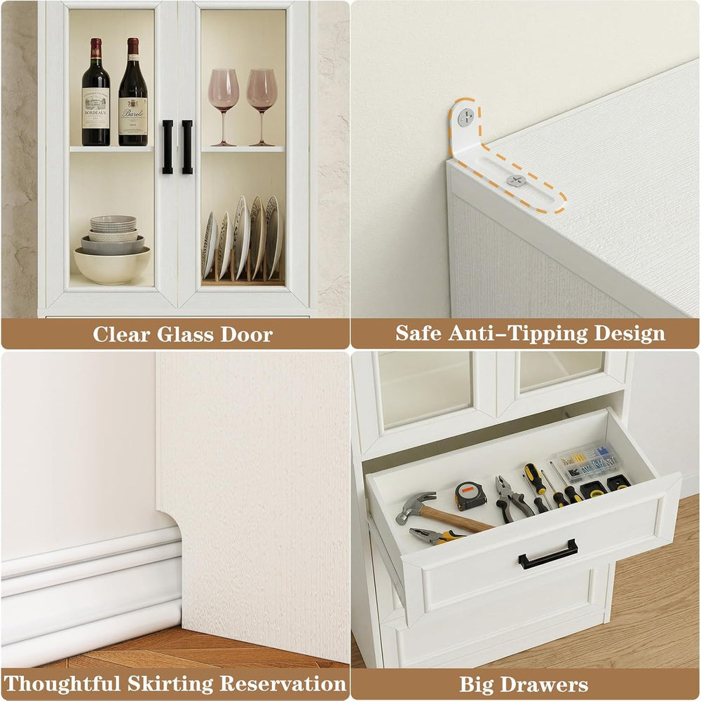 Unikito 80" Kitchen Pantry Cabinet with Glass Door and 3 Drawer Organizers