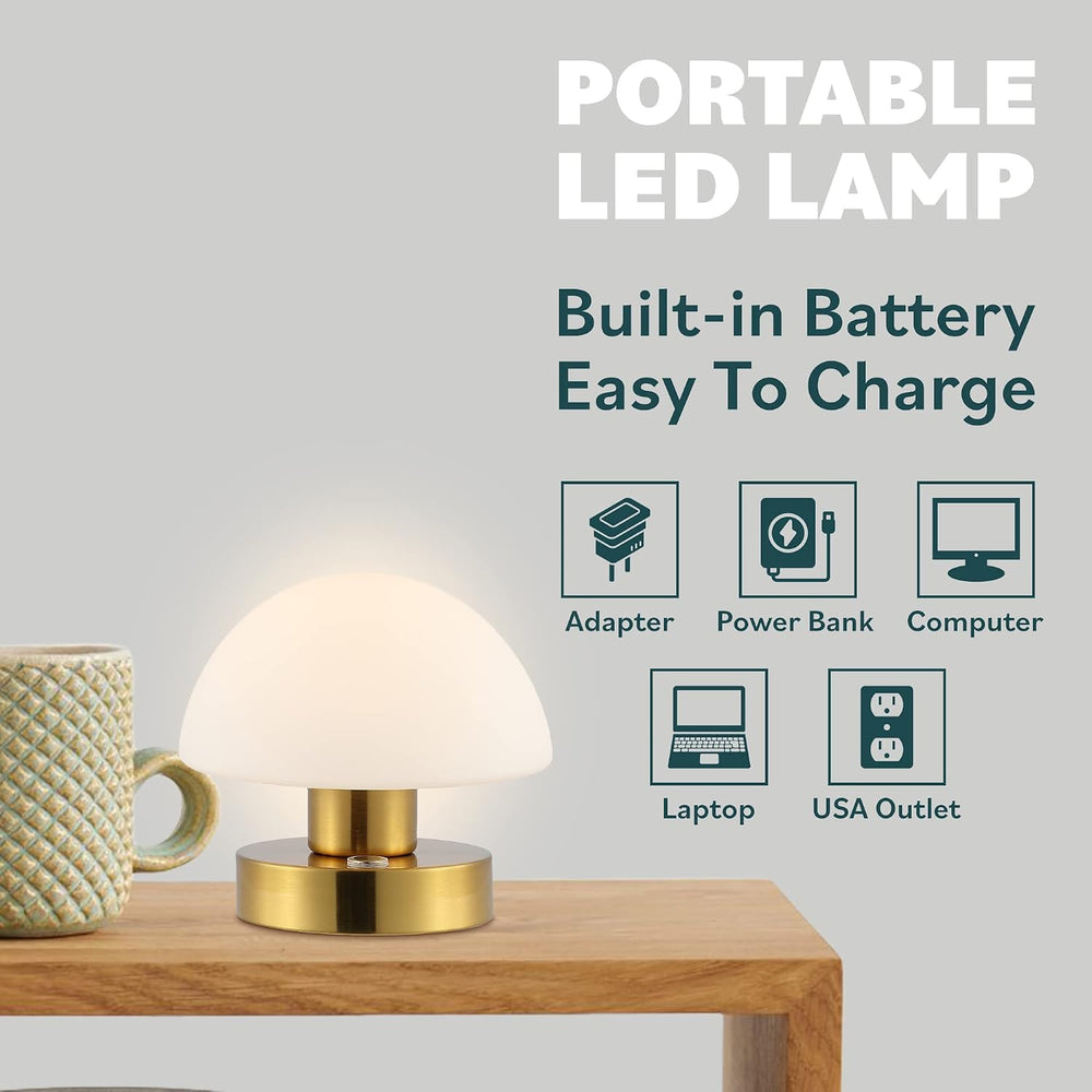 JONATHAN Y Zoe 5.75" Rechargeable Mushroom LED Lamp, Brass Gold/White