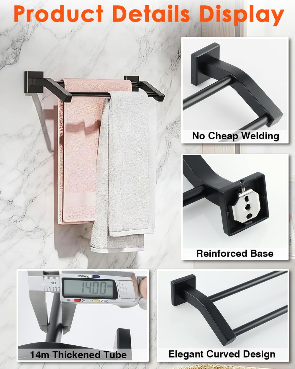 Alise Double Bath Towel Bar, 24" Towel Racks for Bathroom, Matte Black