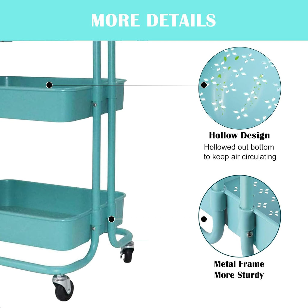 BEEY Metal Storage Baskets with Wheels, Metal Wire Market Basket Storage Organizer Cart Rolling Stackable Storage Bins for Kitchen,Pantry,Bedroom (Blue, 3 Tier-3700)