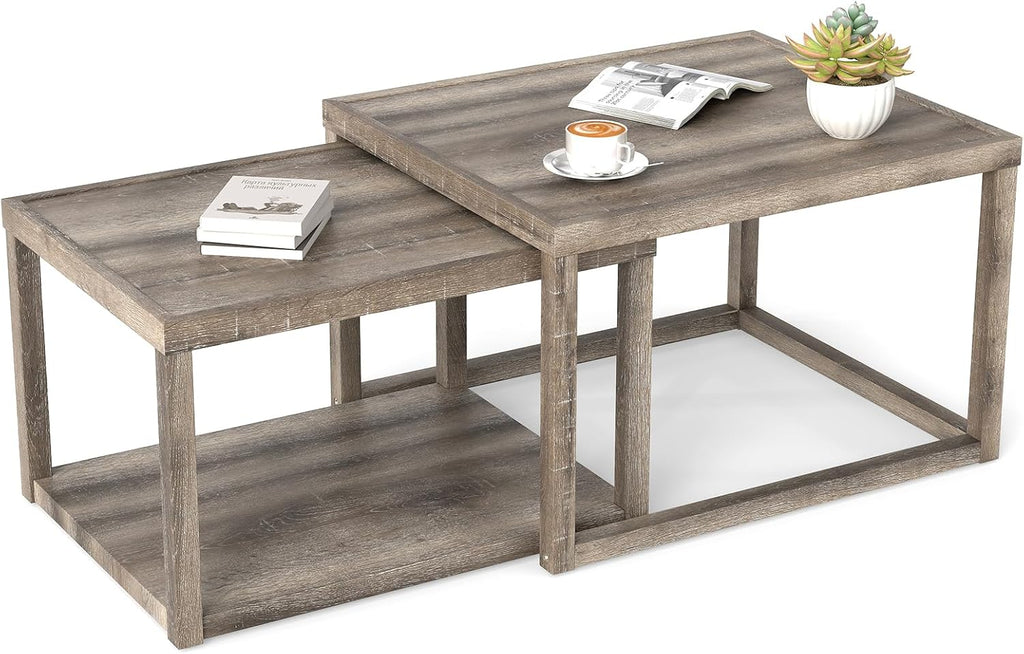GOFLAME Nesting Coffee Tables Set of 2, Stackable Rectangular Center Table with Storage Shelf, Solid Rubber Wood Frame, Farmhouse Accent Tea Table for Living Room, Small Space, Gray Oak