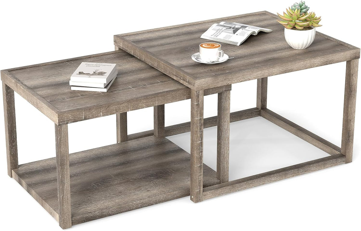 GOFLAME Nesting Coffee Tables Set of 2, Stackable Rectangular Center Table with Storage Shelf, Solid Rubber Wood Frame, Farmhouse Accent Tea Table for Living Room, Small Space, Gray Oak