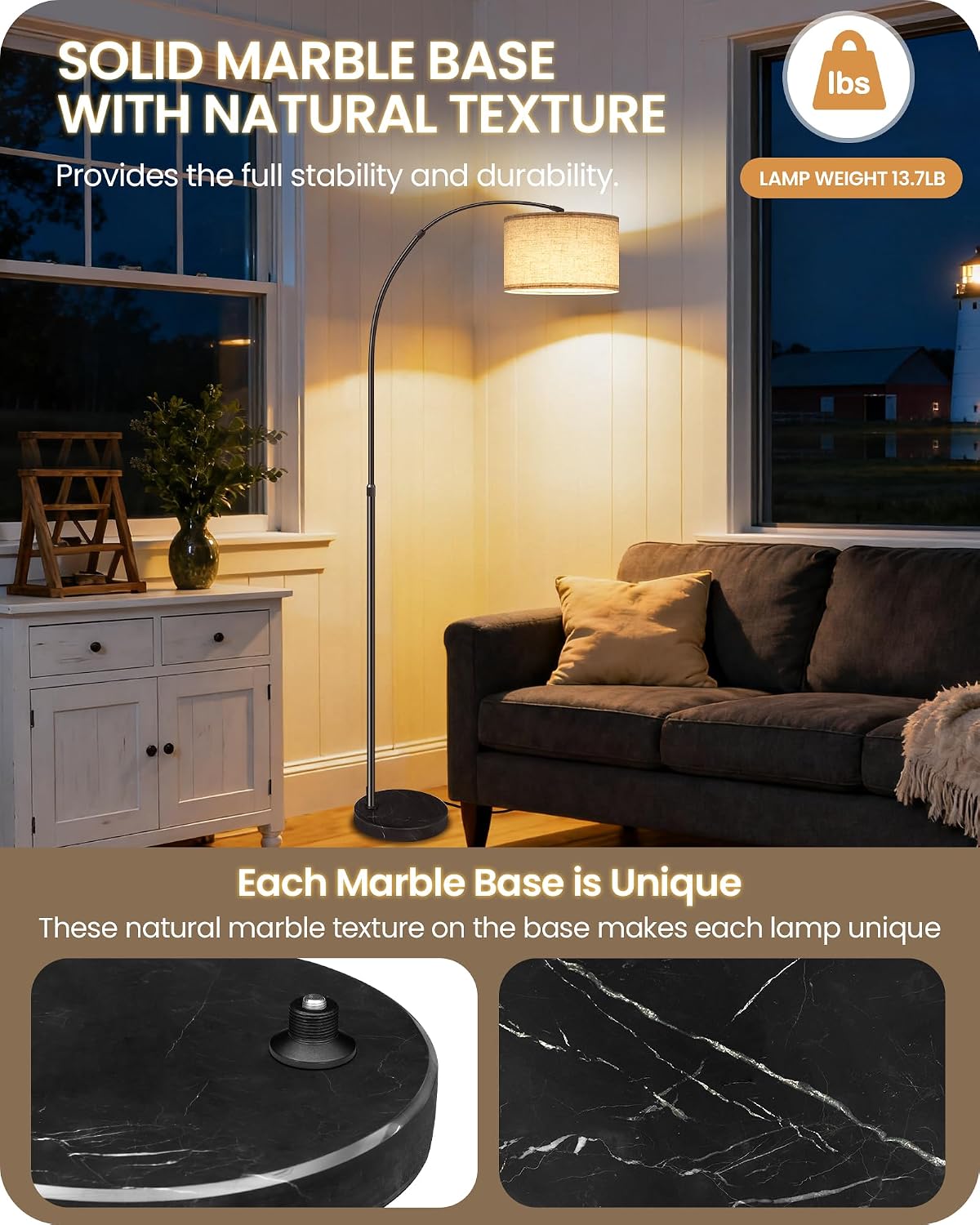 75" Tall Dimmable Arc Floor Lamp with Marble Base, Adjustable Height, Beige