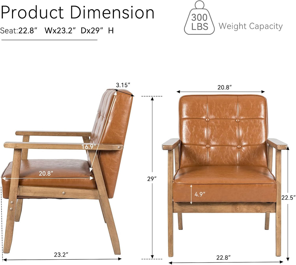 Okeysen Mid Century Modern Accent Chair, Retro Wood Leather Armchairs Side Ch...