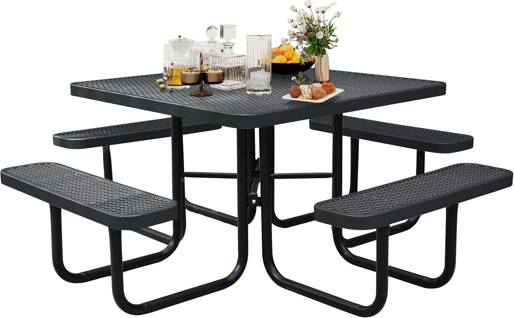 8-Person Picnic Tables for Outdoors, Industrial 46" Expanded Metal Squar...