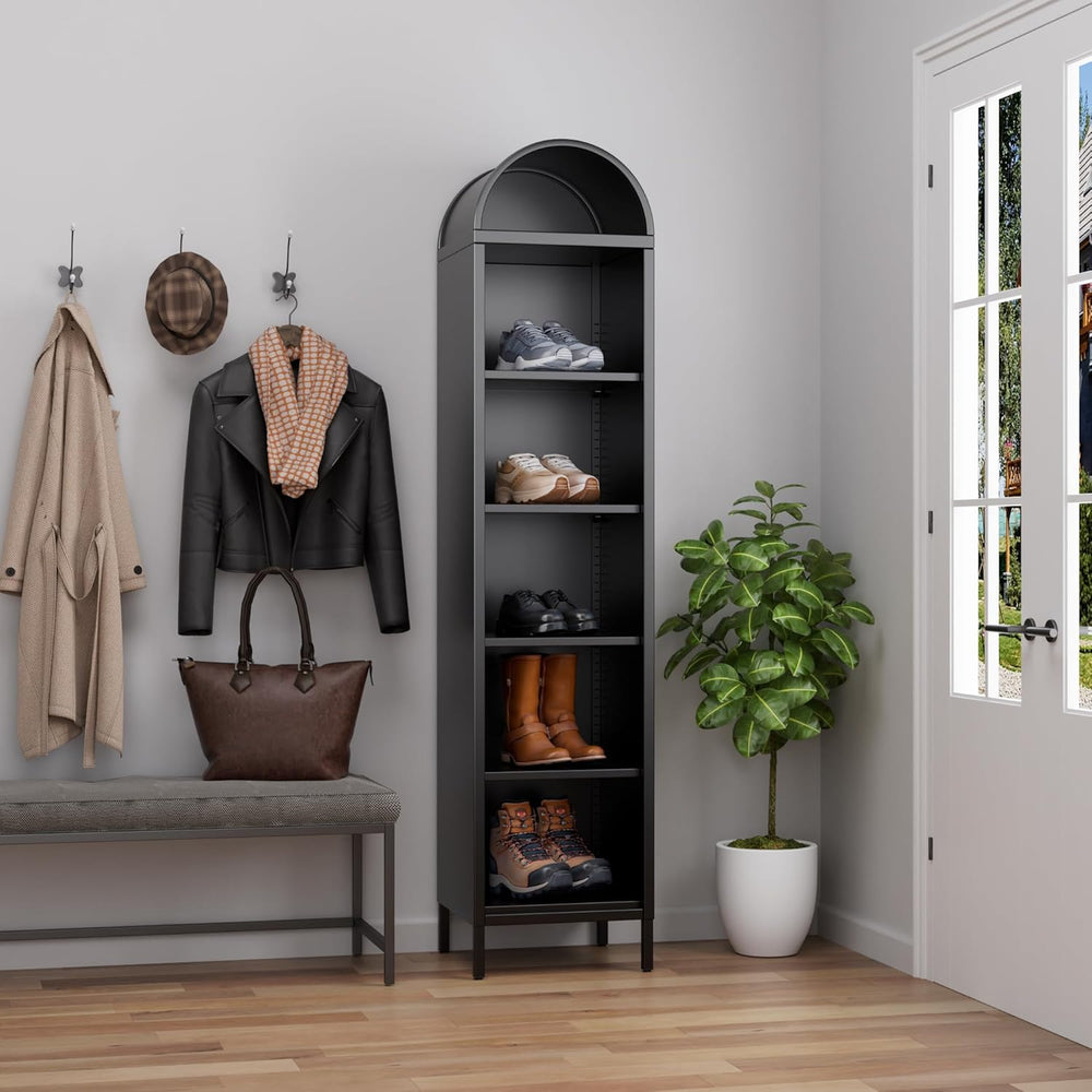 Aobabo 73-Inch Metal Arched Bookcase, Narrow Black Bookshelf