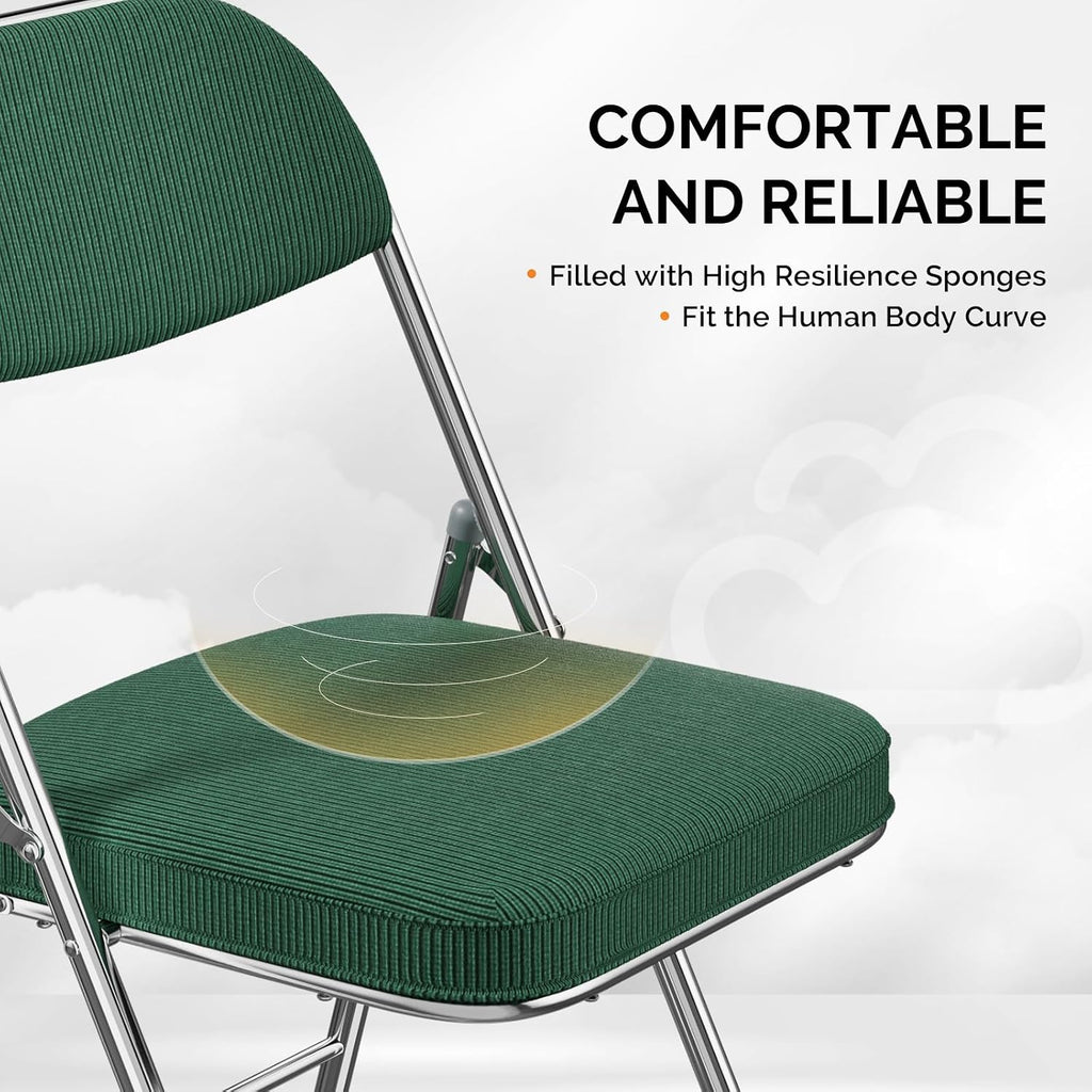 VINGLI Folding Chairs with Padded Seat & Backrest, Metal Frame, Durable Corduroy Fabric, 350 lbs Capacity, Set of 1, Olive Green – Ideal for Weddings, Parties, Office Events