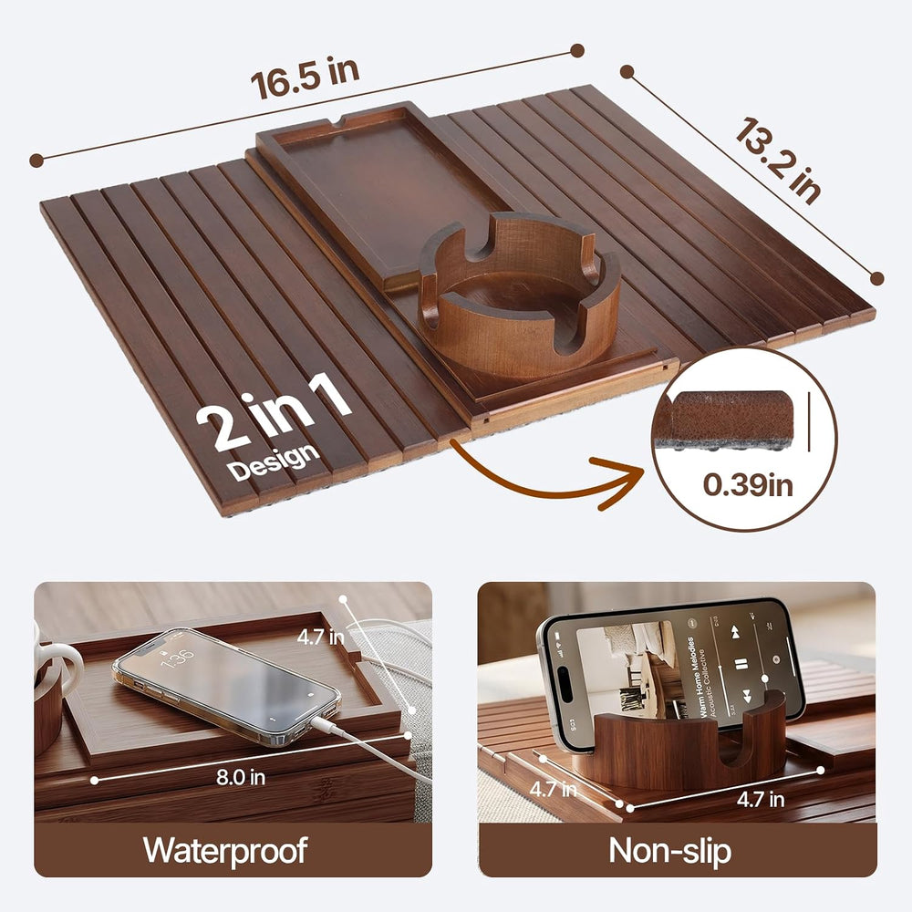 Bamboo Sofa Armrest Tray, Foldable Couch Arm Tray Side Table, 2 in 1 Anti-Fal...