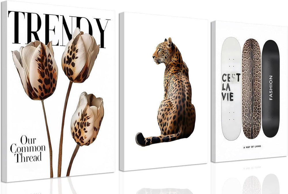 Trendy Leopard Canvas Wall Art Set of 3 Cheetah Printed Preppy Fashion Skateb...