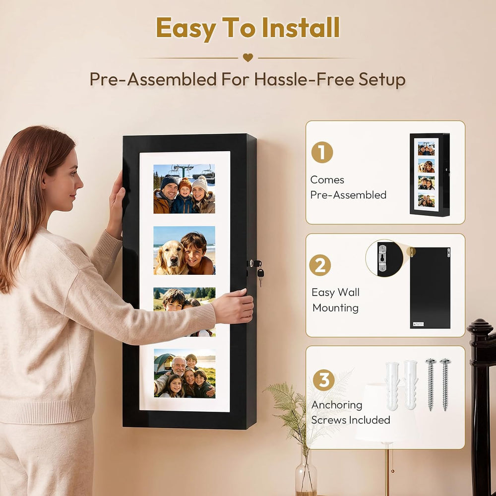 Bonnlo Wall-Mounted Jewelry Cabinet with Photo Frame, Inside Mirror, Black